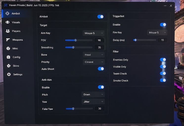 Painel de configurações do cliente externo